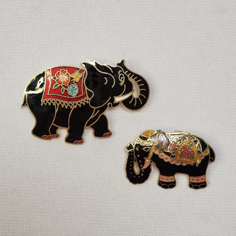 Black Cloisonne Elephant Brooches With Their Trunks Up - Picture 7 of 7